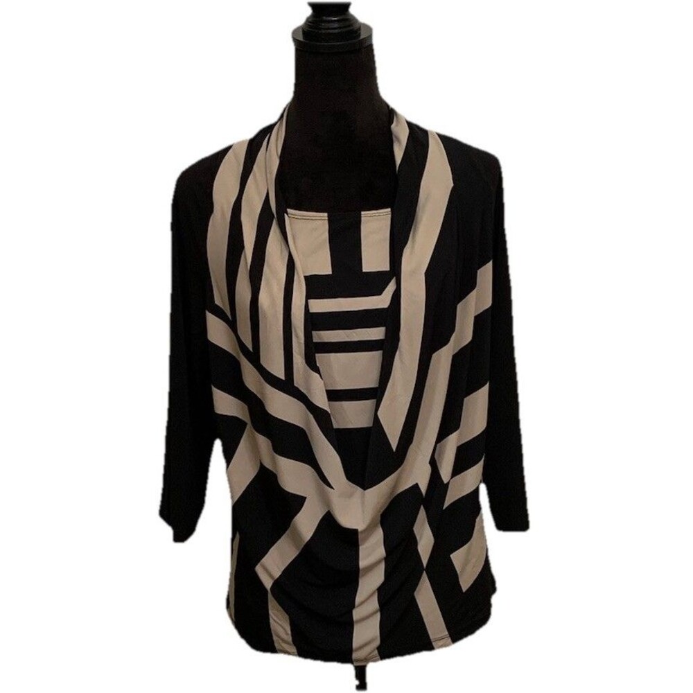 Chicos Size 1 Womens Medium Top Black And Tan Cowl Neck 3/4 Sleeves